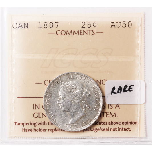 1887 Canada 25-cents ICCS Certified AU-50 RARE