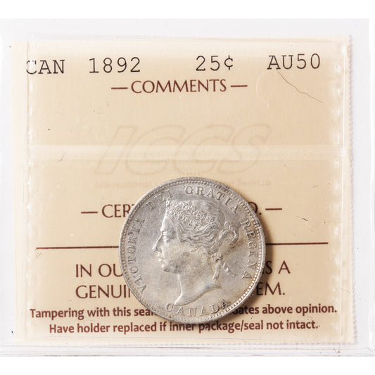 1892 Canada 25-cents ICCS Certified AU-50