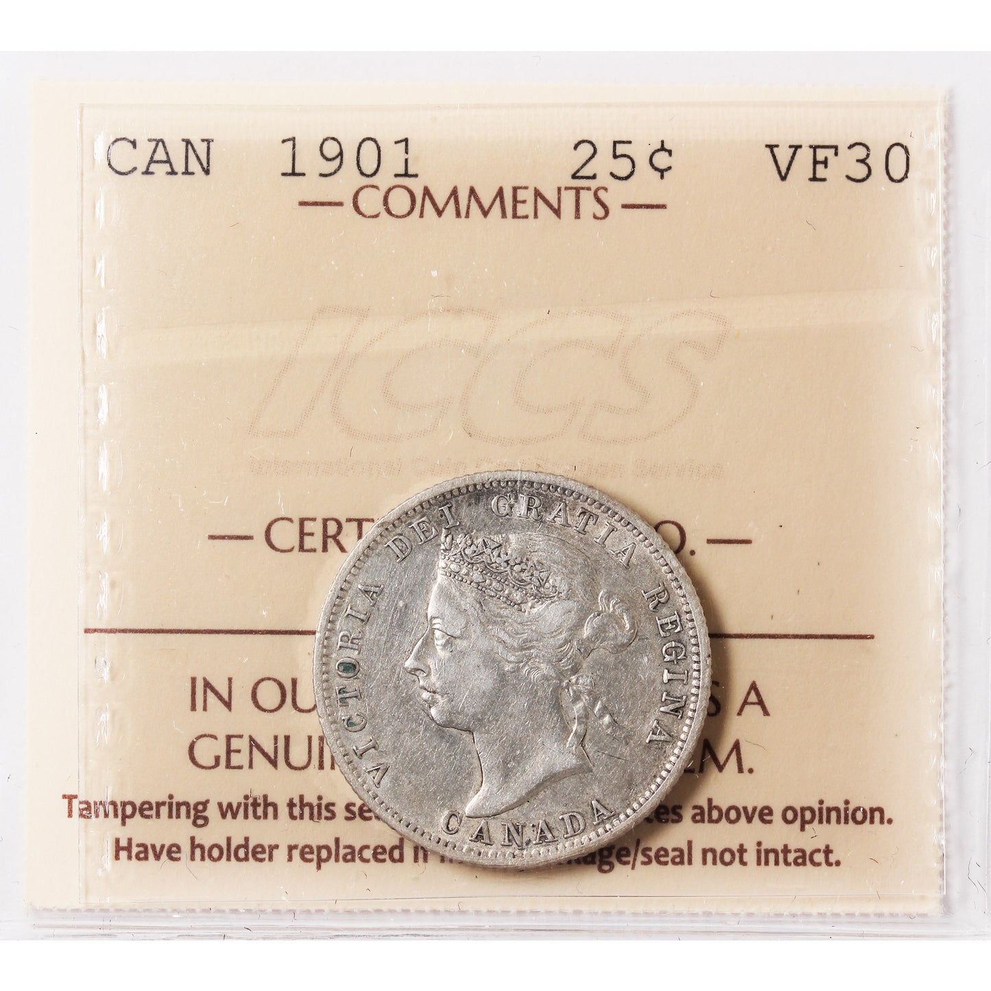 1901 Canada 25-cents ICCS Certified VF30