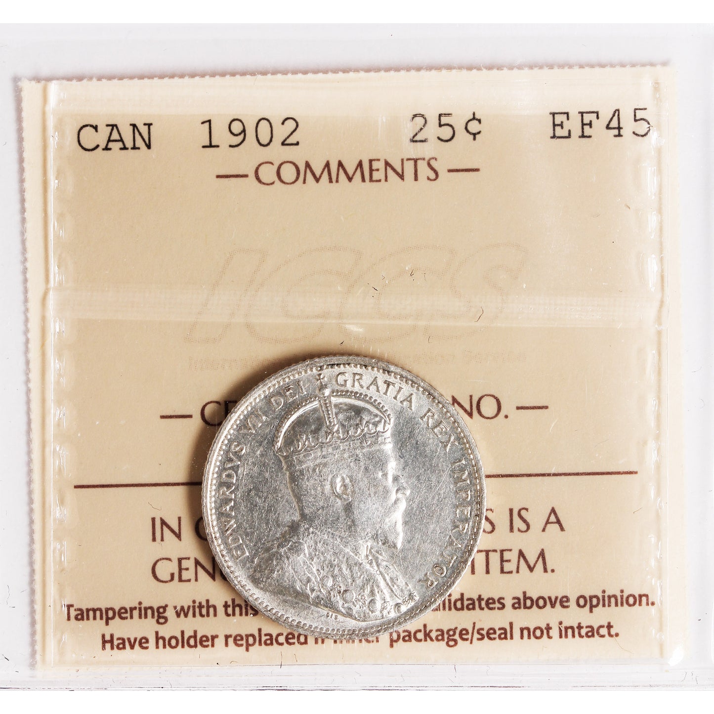 1902 Canada 25-cents ICCS Certified EF45