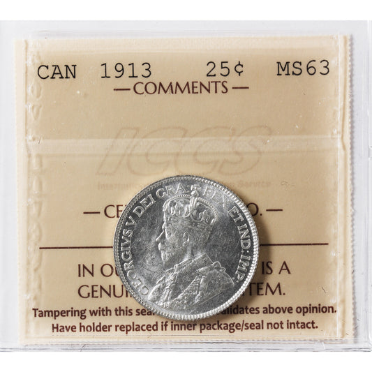 1913 Canada 25-cents ICCS Certified MS-63 (XHT 097)