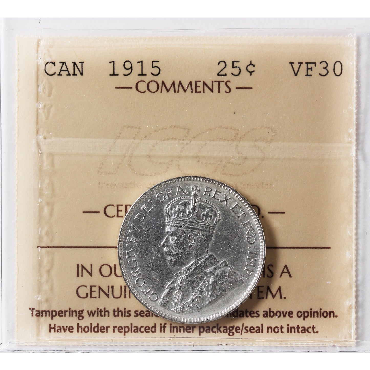 1915 Canada 25-cents ICCS Certified VF30