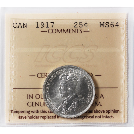 1917 Canada 25-cents ICCS Certified MS-64 (XVR 180)