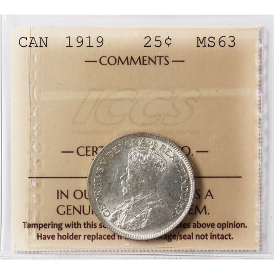 1919 Canada 25-cents ICCS Certified MS-63 (XVR 181)