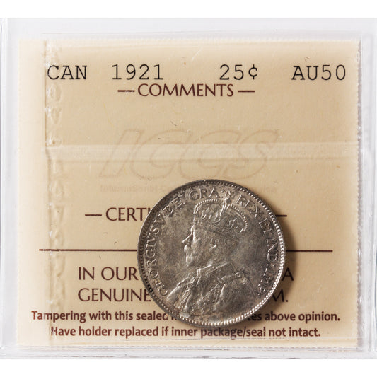 1921 Canada 25-cents ICCS Certified AU-50