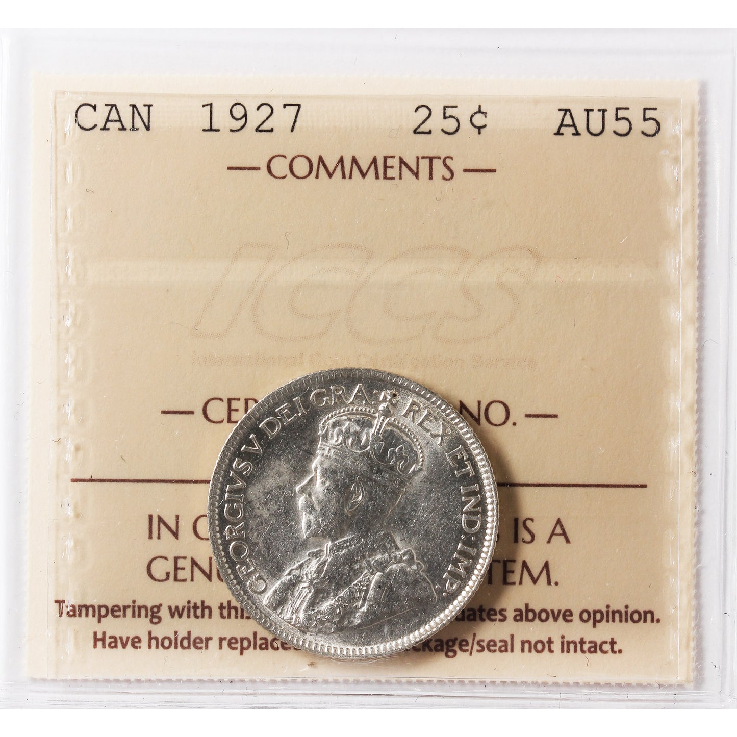 1927 Canada 25-cents ICCS Certified AU-55