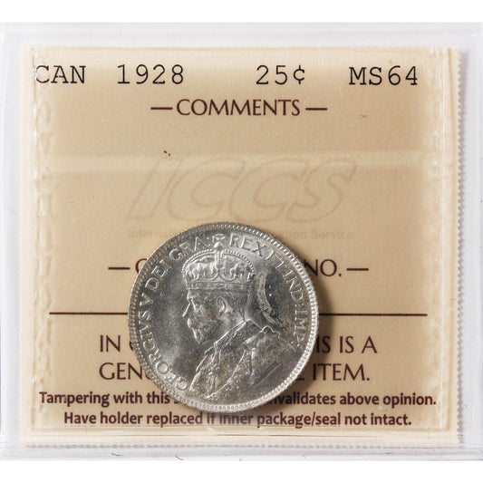 1928 Canada 25-cents ICCS Certified MS-64 (XVR 184)