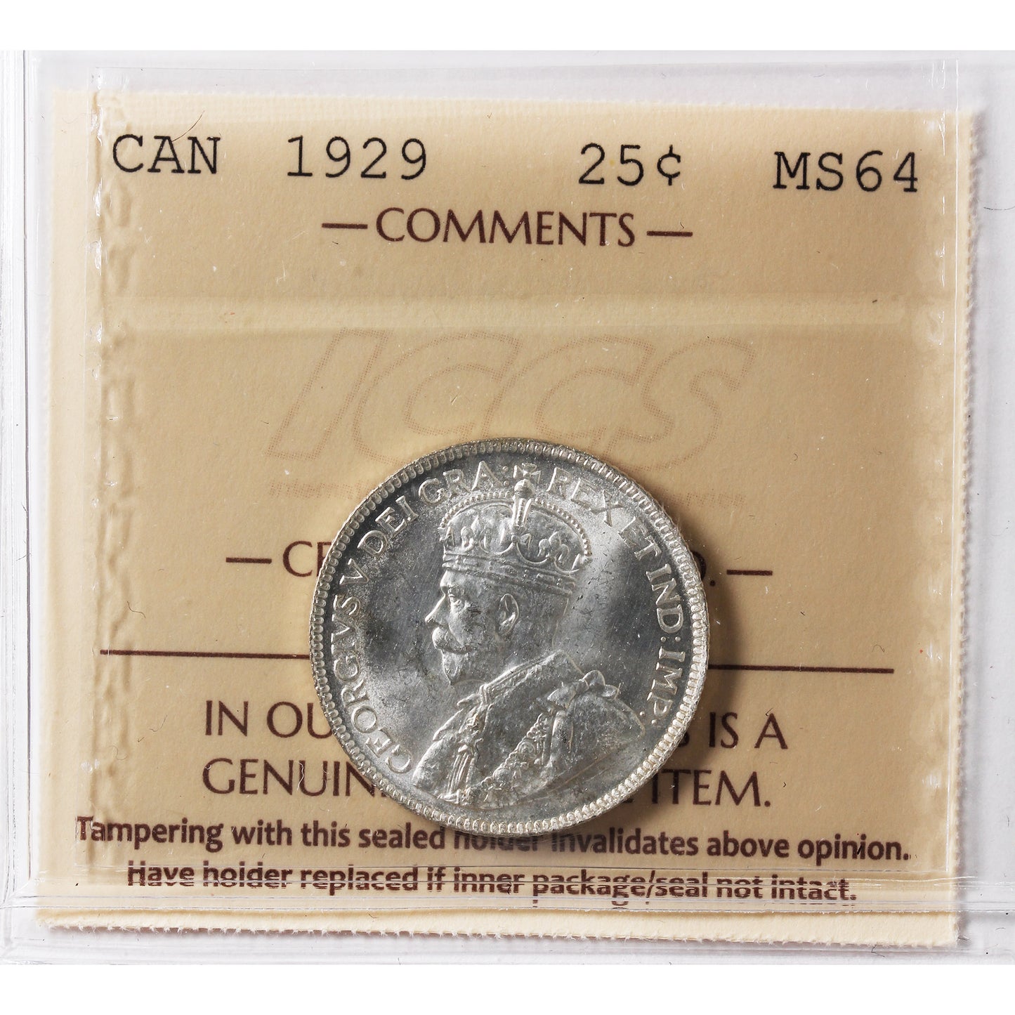 1929 Canada 25-cents ICCS Certified MS64 (XVR 186)
