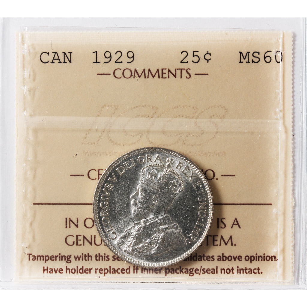 1929 Canada 25-cents ICCS Certified MS60