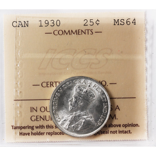 1930 Canada 25-cents ICCS Certified MS64 (XVR 189)
