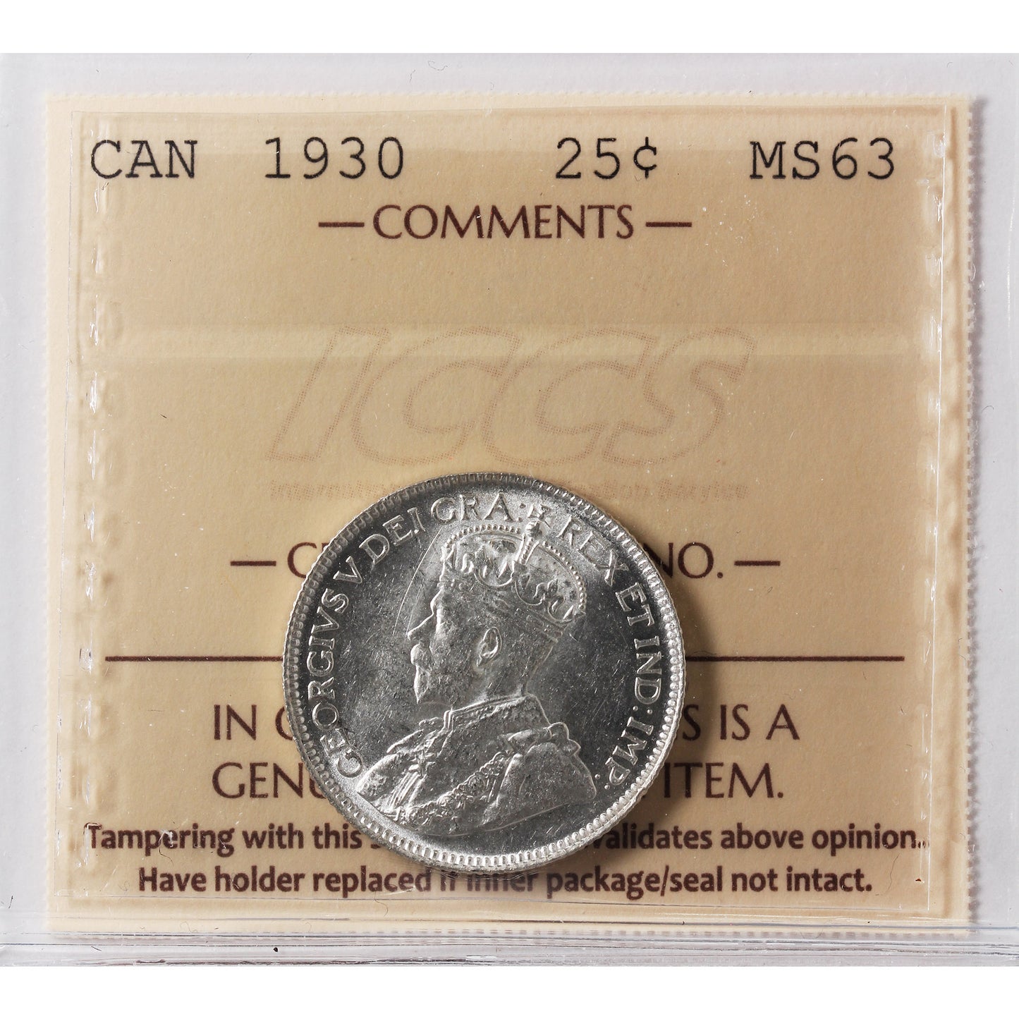 1930 Canada 25-cents ICCS Certified MS63 (XVR 188)