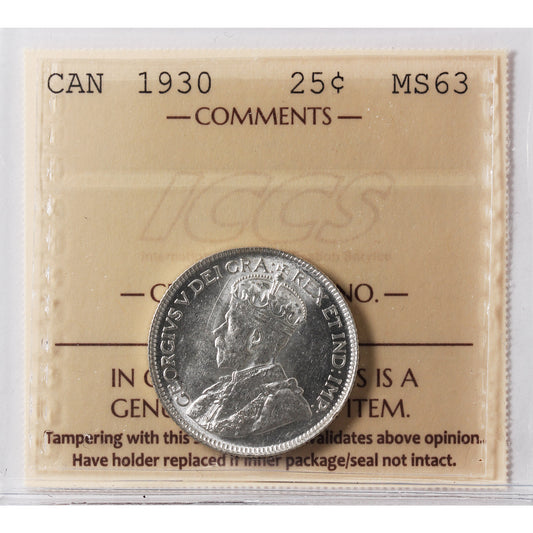 1930 Canada 25-cents ICCS Certified MS63 (XVR 188)