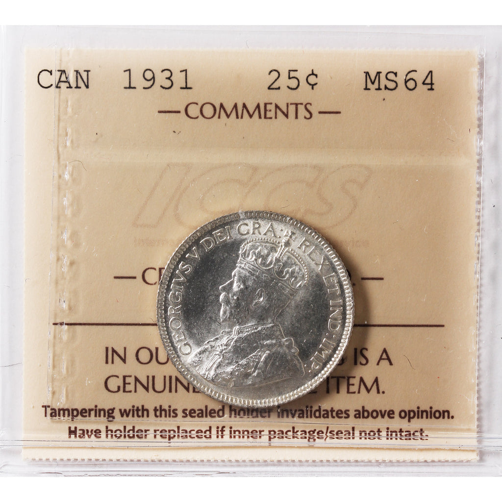 1931 Canada 25-cents ICCS Certified MS64 (XVR 190)