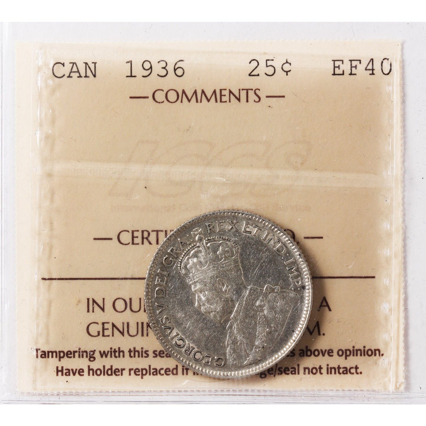 1936 Canada 25-cents ICCS Certified EF40