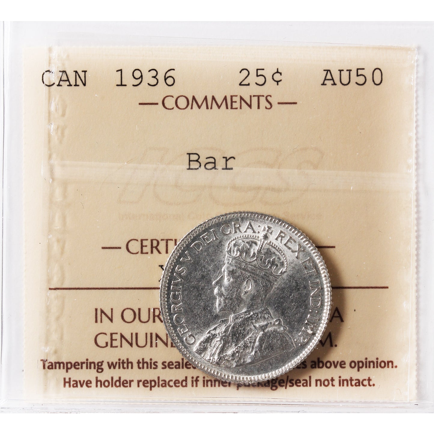 1936 Bar Canada 25-cents ICCS Certified AU50