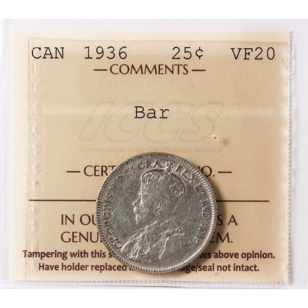 1936 Bar Canada 25-cents ICCS Certified VF20