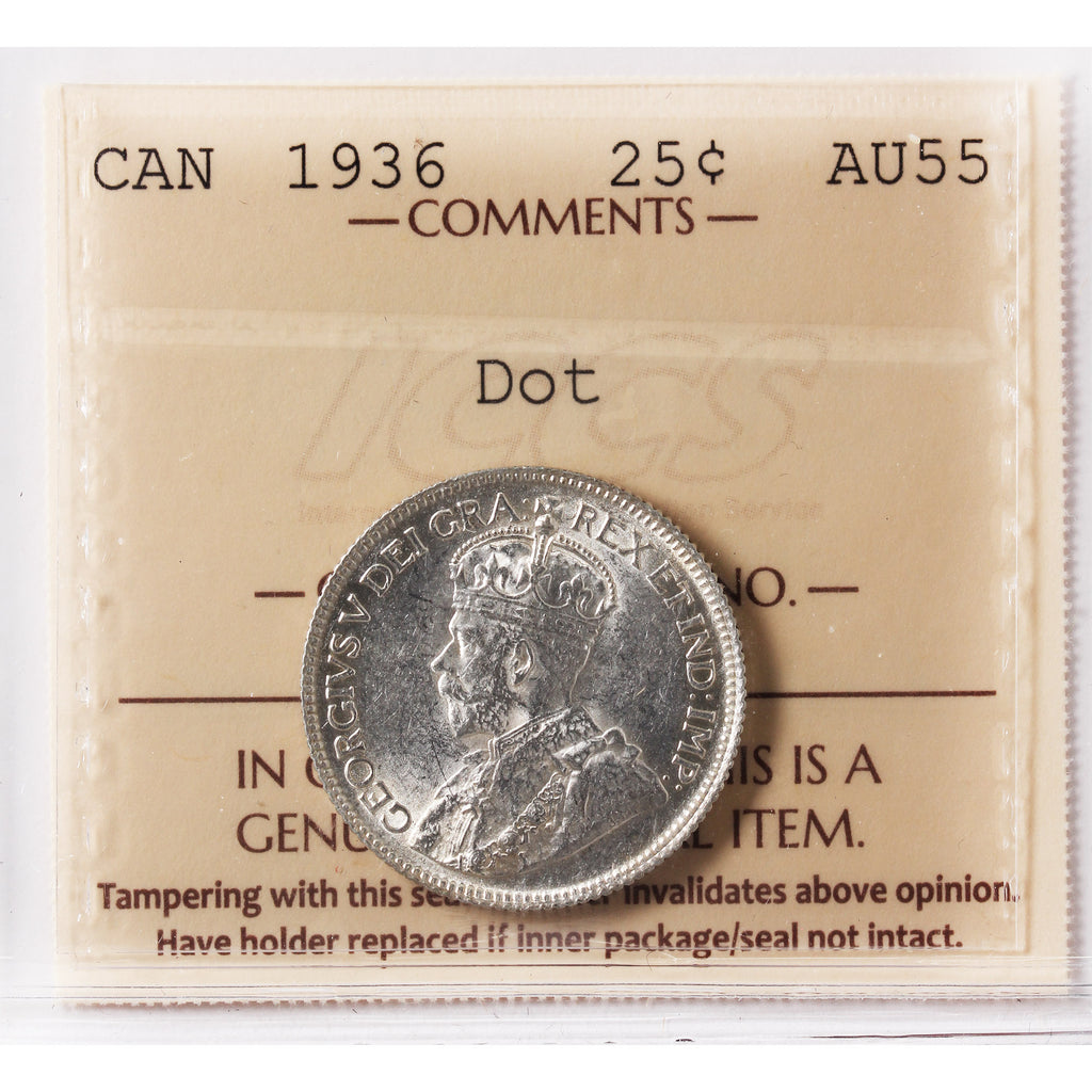 1936 Dot Canada 25-cents ICCS Certified AU55