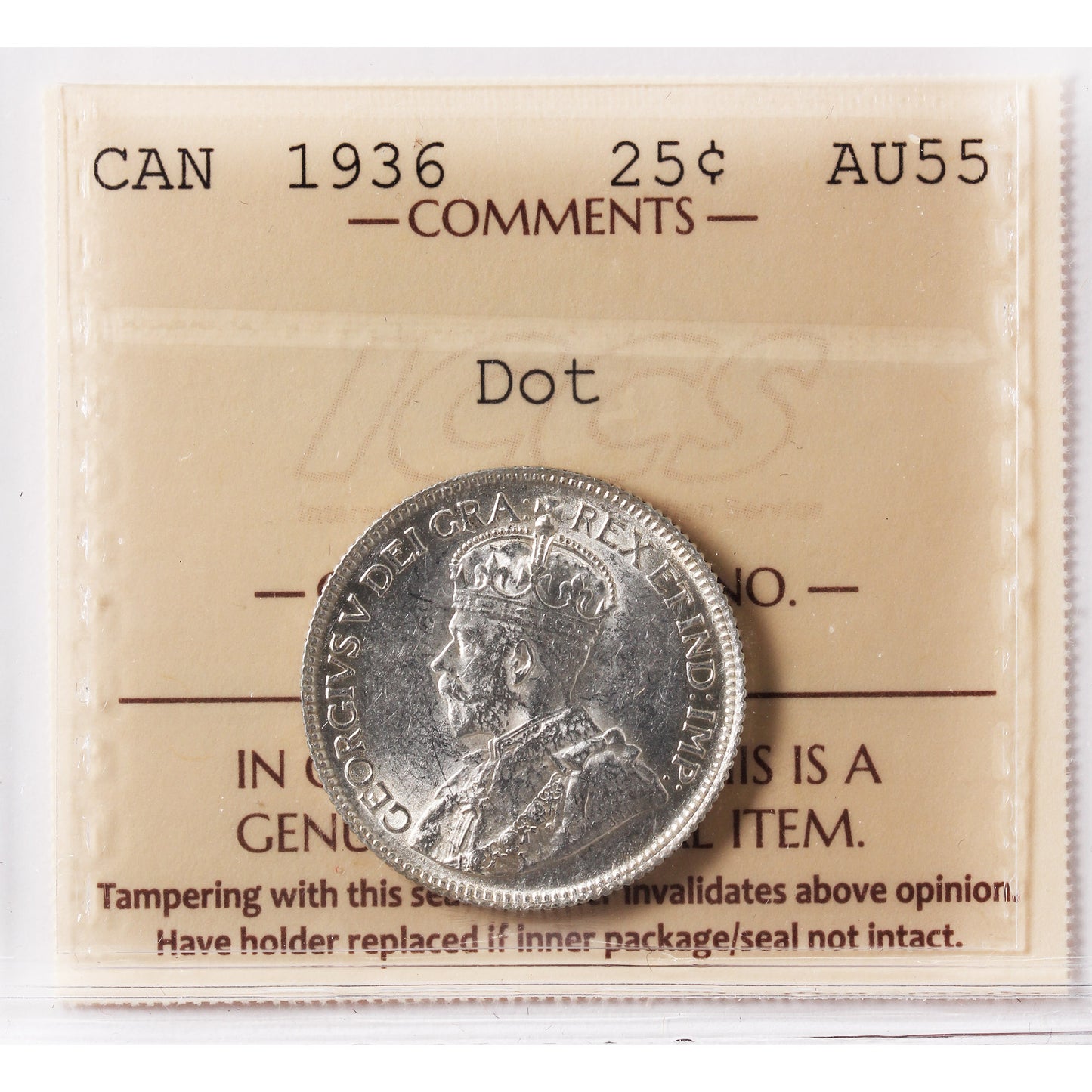1936 Dot Canada 25-cents ICCS Certified AU55