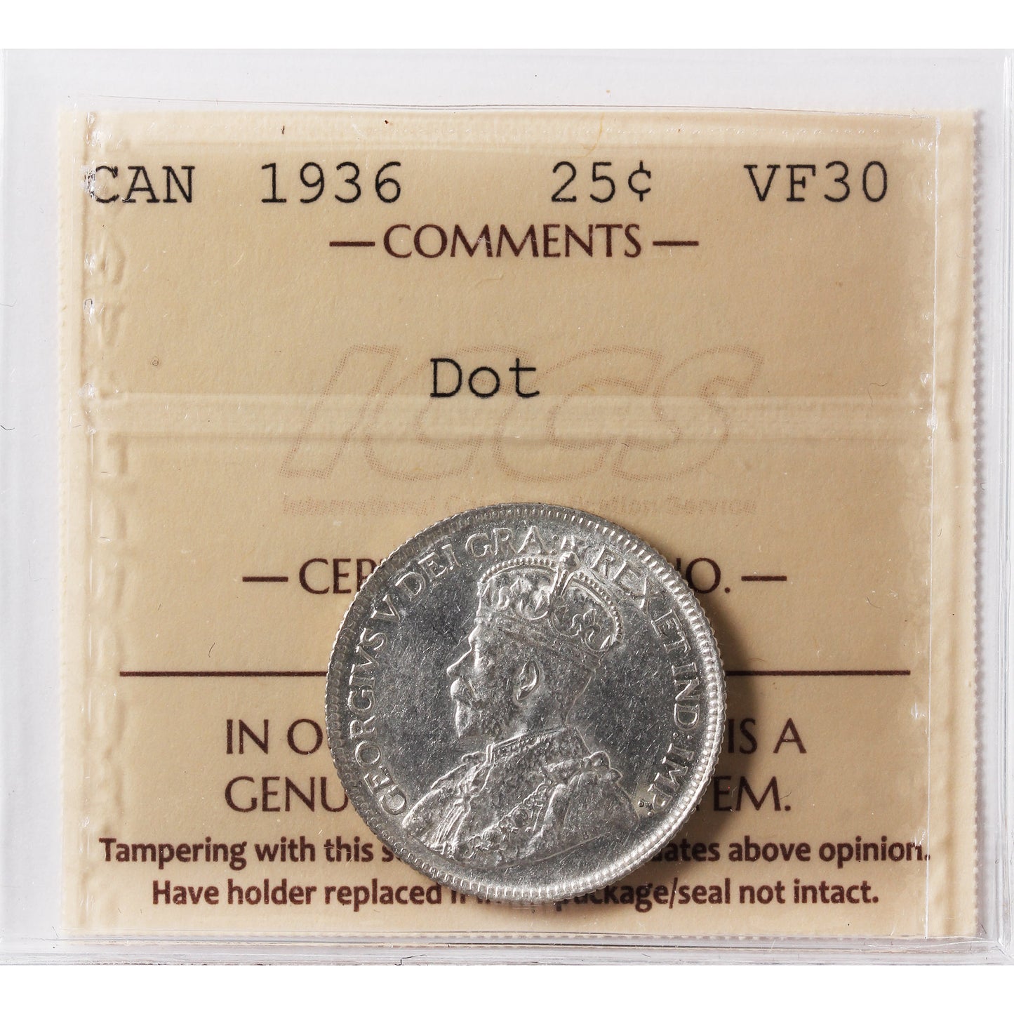 1936 Dot Canada 25-cents ICCS Certified VF30