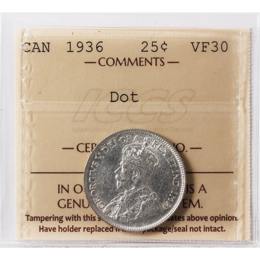 1936 Dot Canada 25-cents ICCS Certified VF30