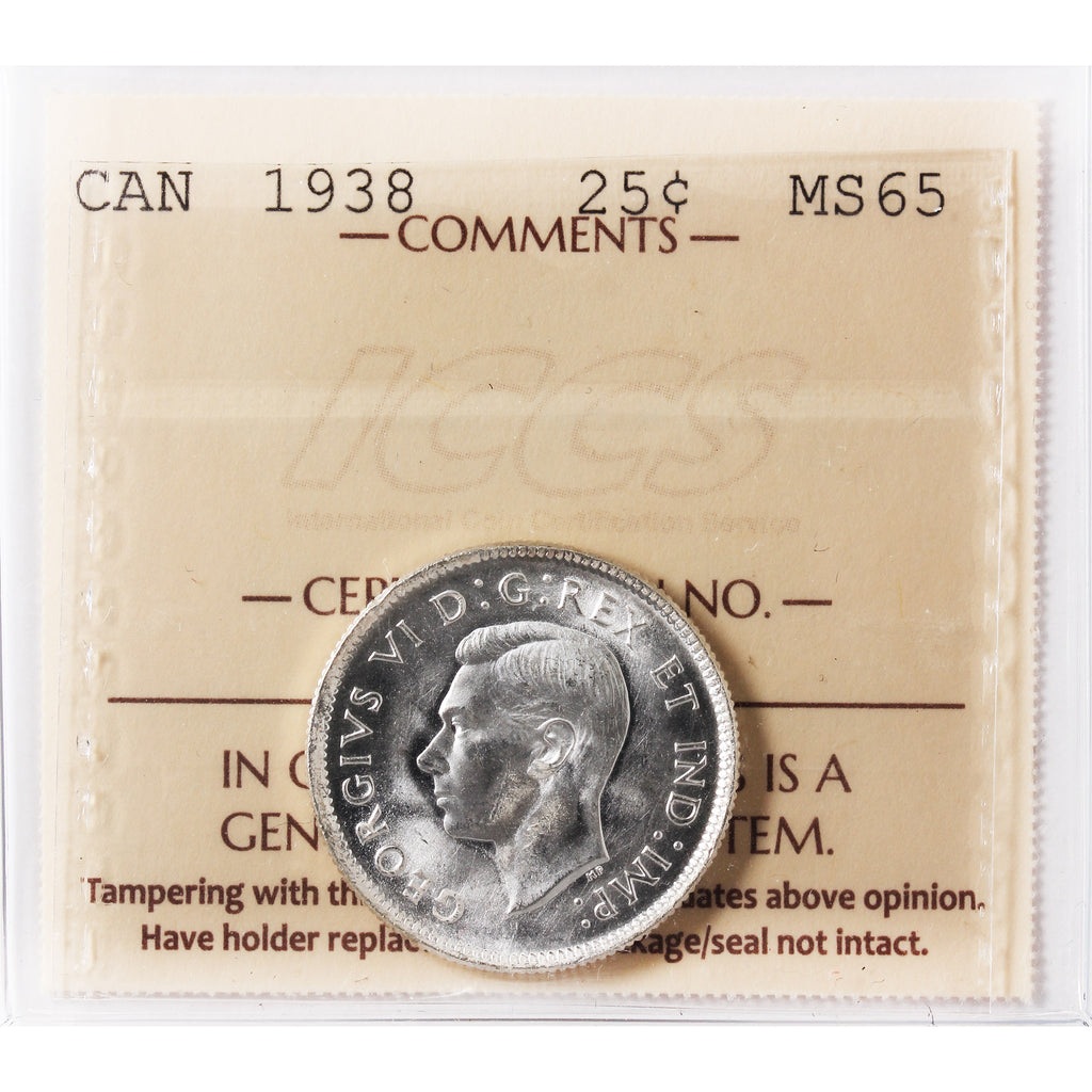 1938 Canada 25-cents ICCS Certified MS65 (XVR 211)