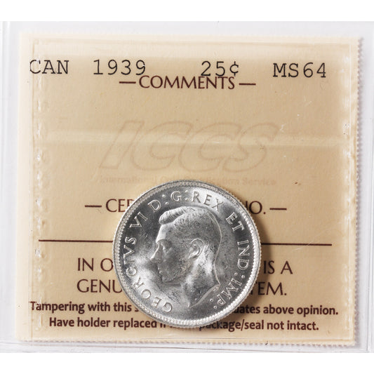 1939 Canada 25-cents ICCS Certified MS64 (XVR 214)
