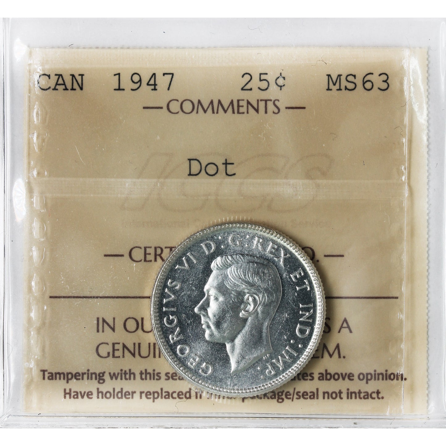 1947 Dot Canada 25-cents ICCS Certified MS63 (XHT 108)