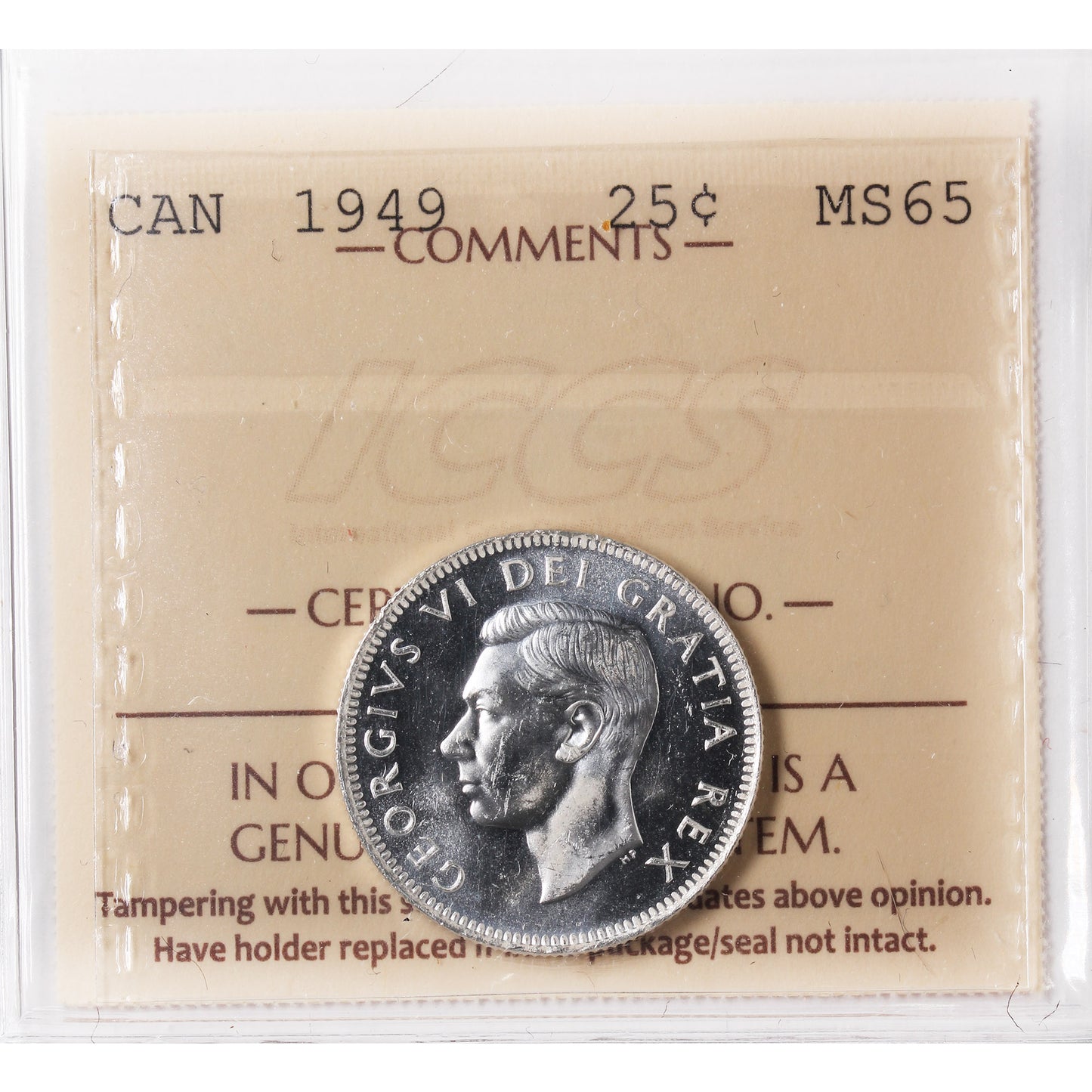 1949 Canada 25-cents ICCS Certified MS65 (XVR 222)