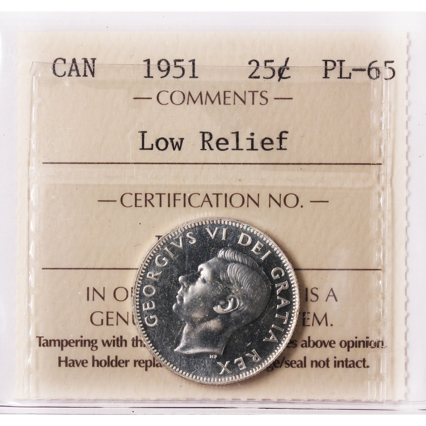 1951 Low Relief Canada 25-cents ICCS Certified PL65