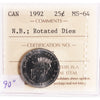 1992 NB Rotated Dies 90 Degrees Canada 25-cents ICCS Certified MS64