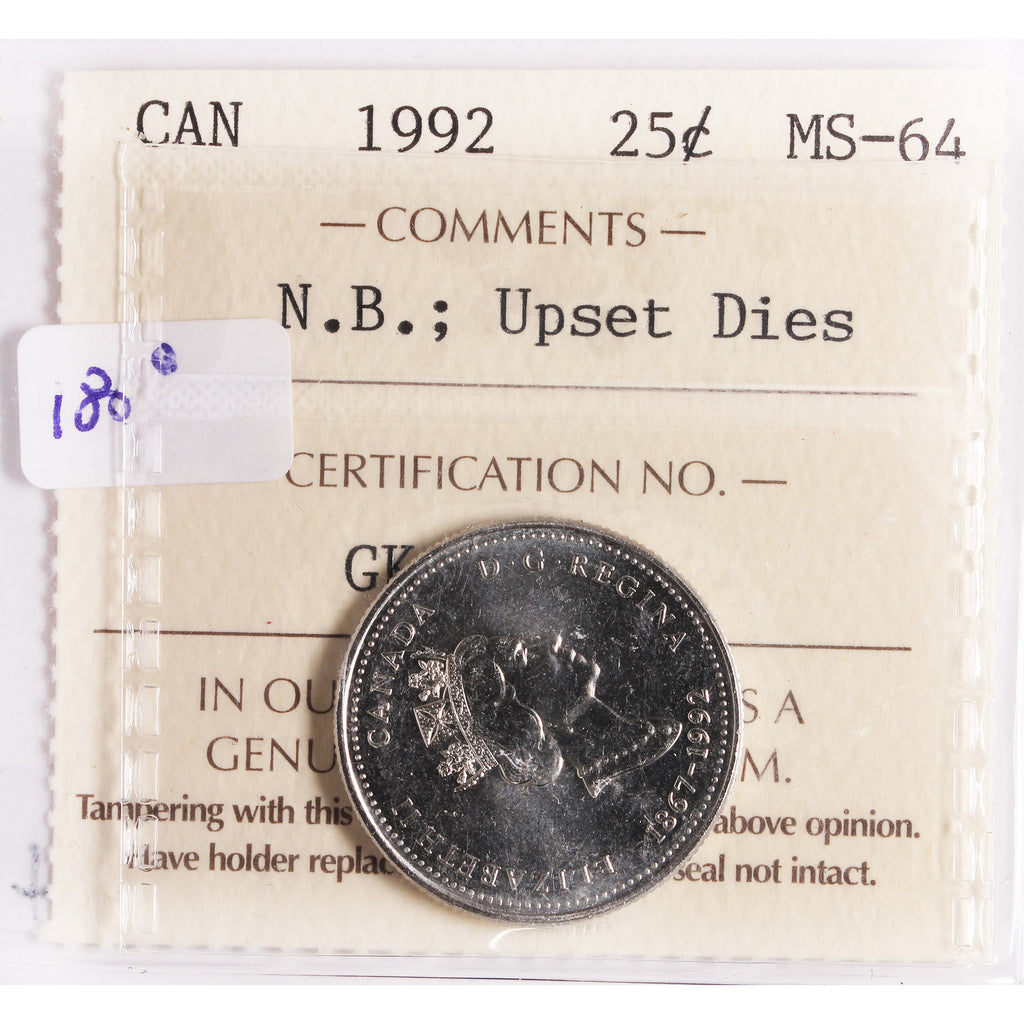 1992 NB Upset Dies 180 Degrees Canada 25-cents ICCS Certified MS64