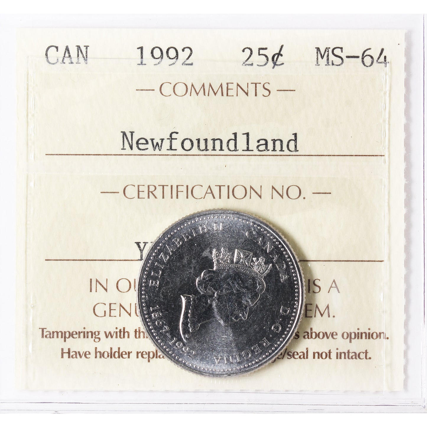 1992 Newfoundland Canada 25-cents ICCS Certified MS64