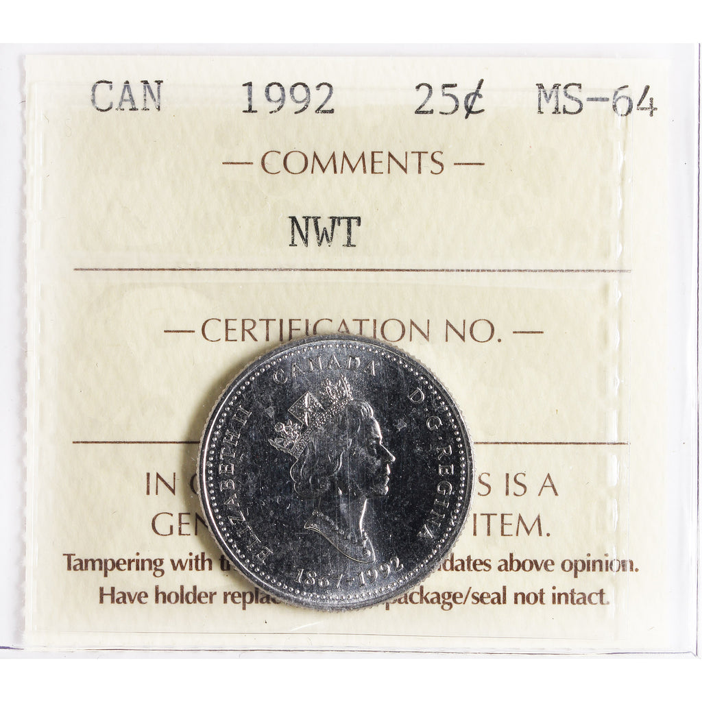 1992 NWT Canada 25-cents ICCS Certified MS64