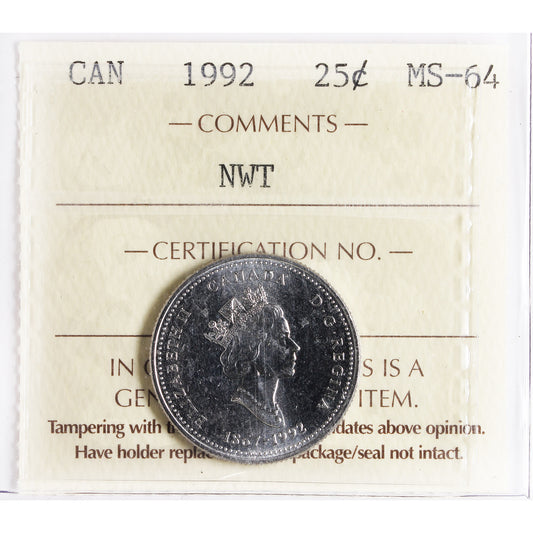 1992 NWT Canada 25-cents ICCS Certified MS64