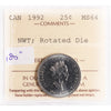 1992 NWT Rotated Dies 180 Degrees Canada 25-cents ICCS Certified MS64