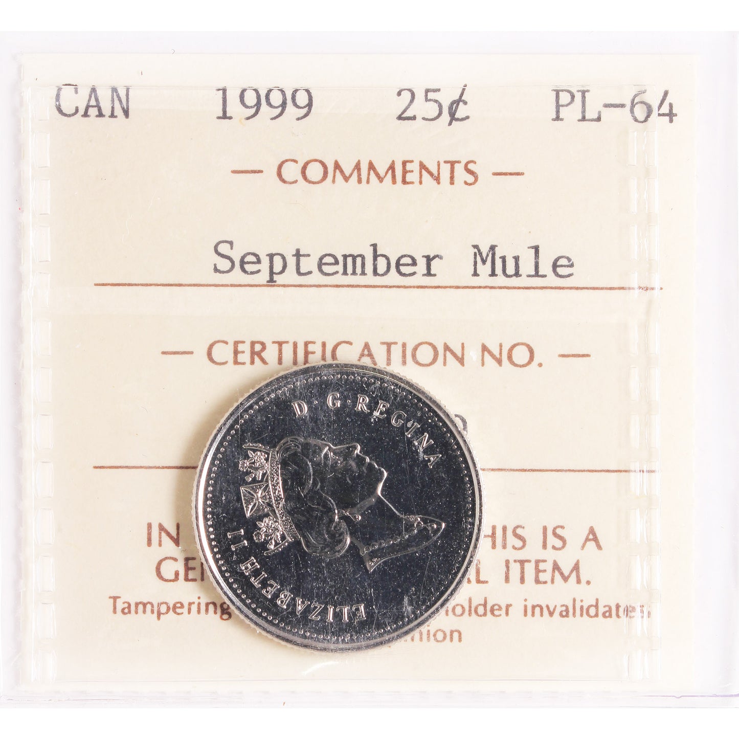 1999 September Mule Canada 25-cents ICCS Certified PL64