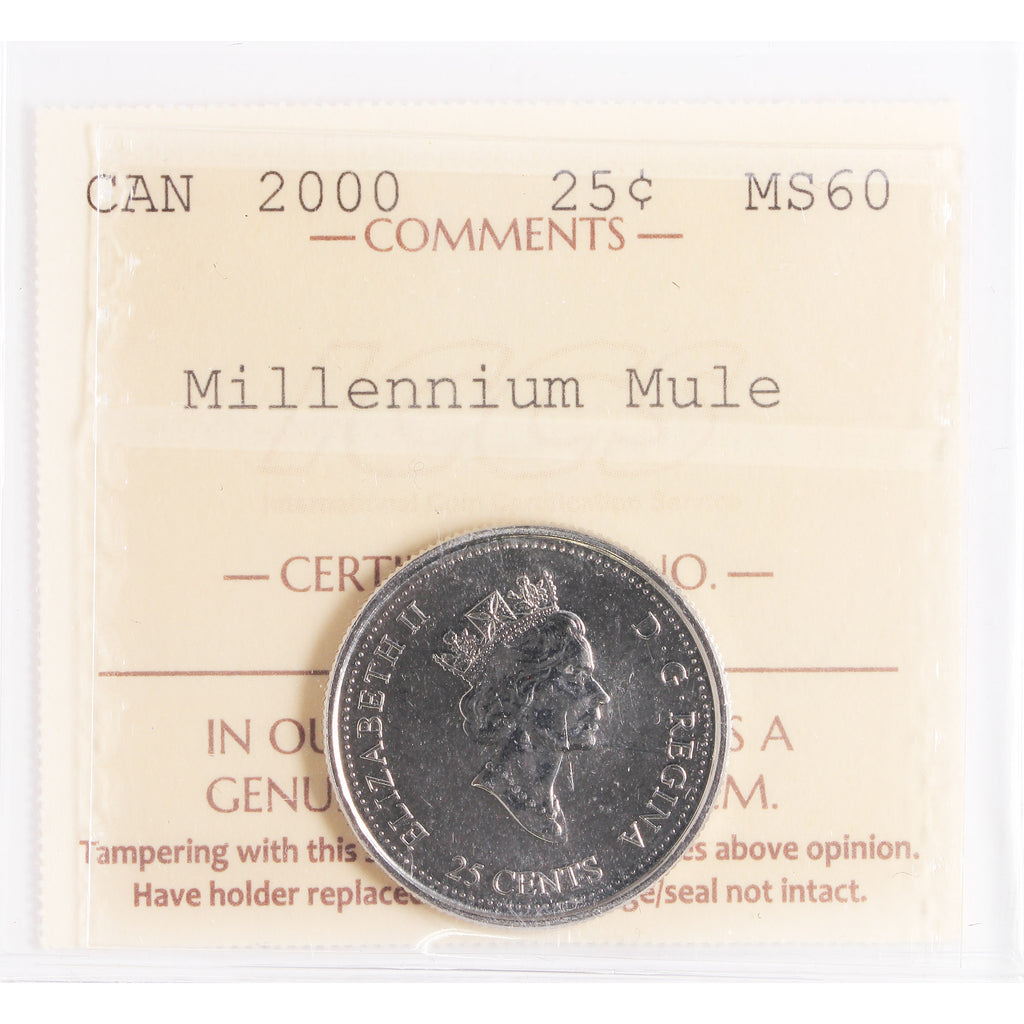 2000 Millennium Mule Canada 25-cents ICCS Certified MS60