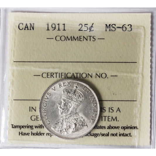 1911 Canada 25-cents ICCS Certified MS-63 (XQL 201)