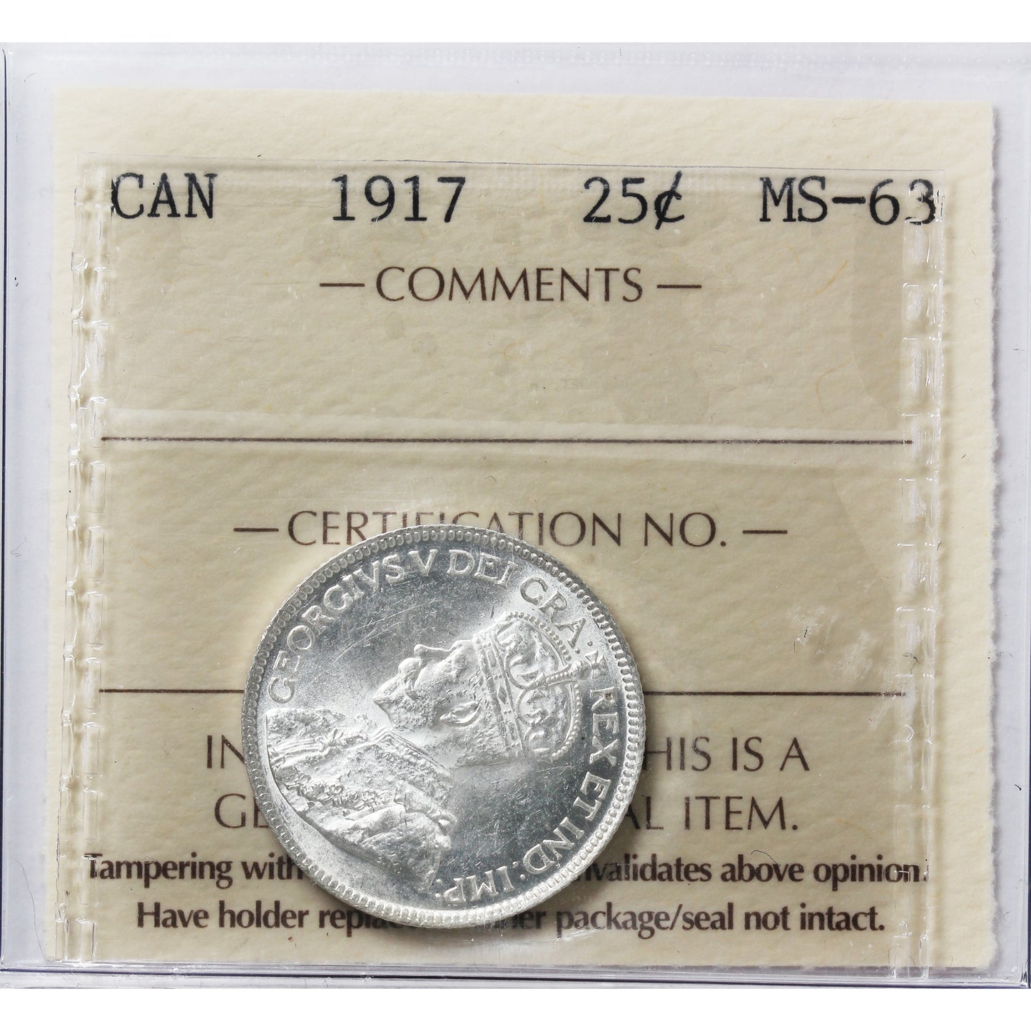 1917 Canada 25-cents ICCS Certified MS63 (CB 512)