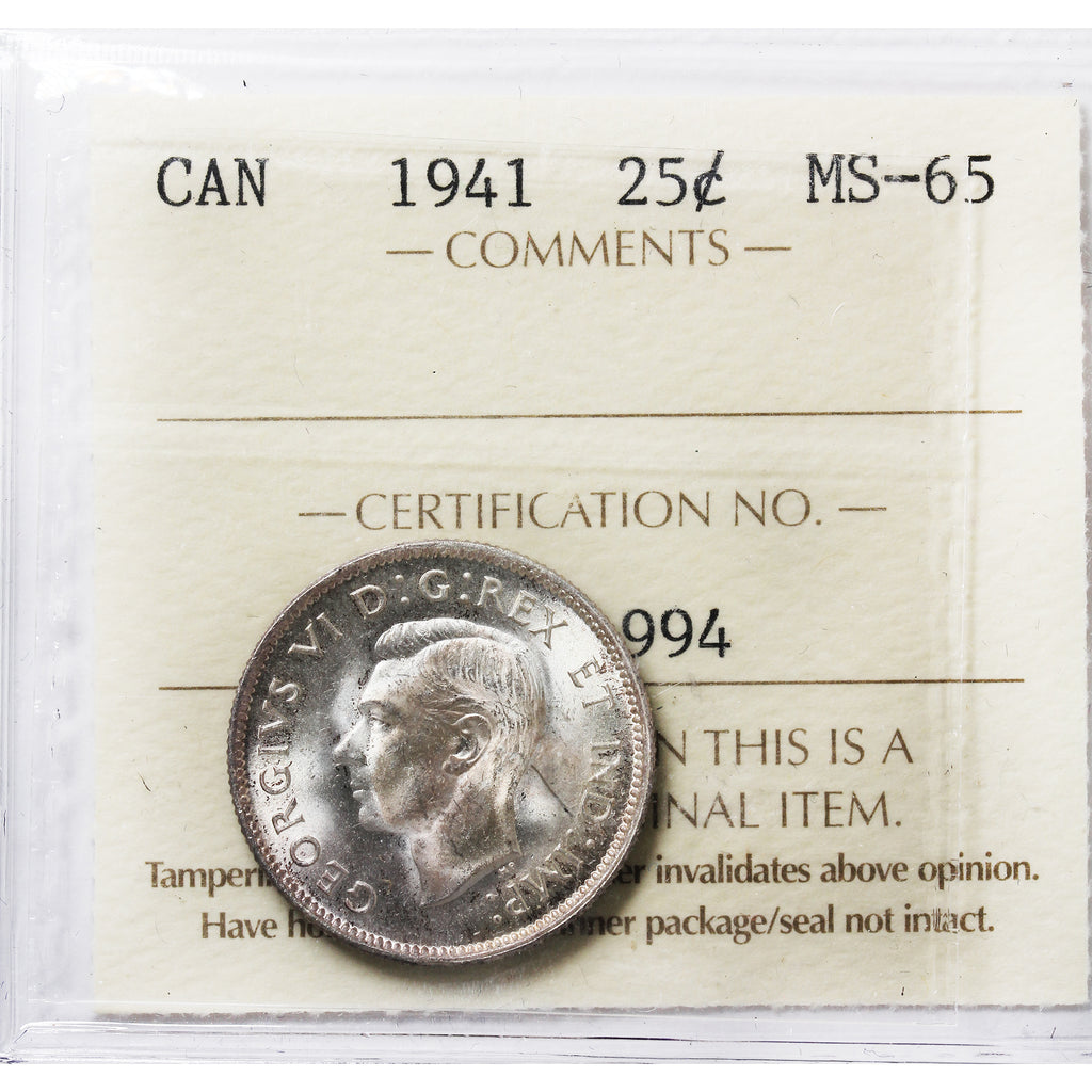 1941 Canada 25-cents ICCS Certified MS65 (XXC 994)