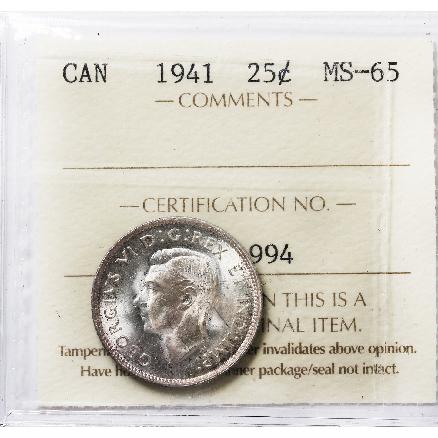 1941 Canada 25-cents ICCS Certified MS65 (XXC 994)