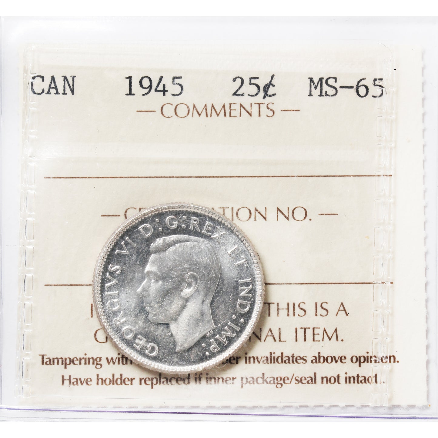 1945 Canada 25-cents ICCS Certified MS65 (XU 270)