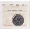 1999 September Mule Canada 25-cents ICCS Certified PL65