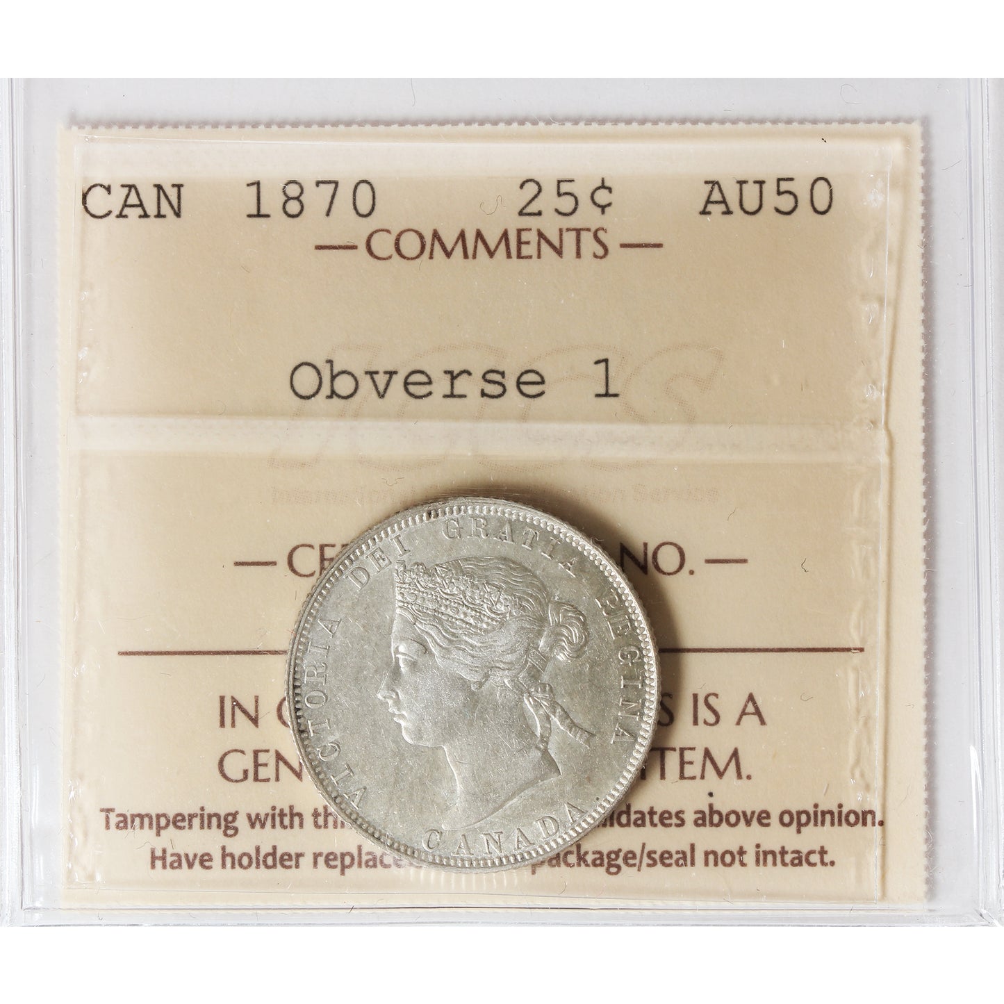 1870 Obv. 1 Canada 25-cents ICCS Certified AU50