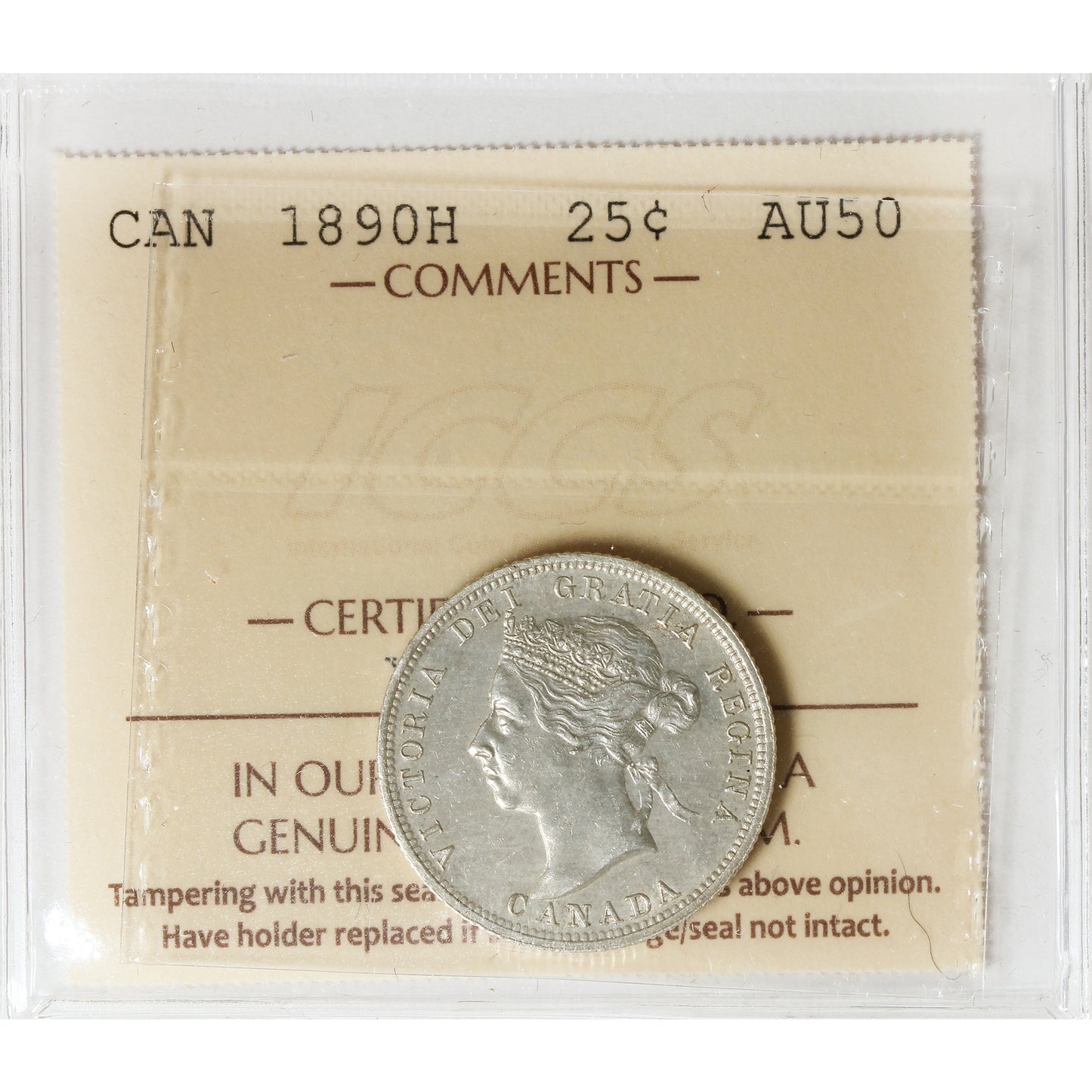 1890H Canada 25-cents ICCS Certified AU50