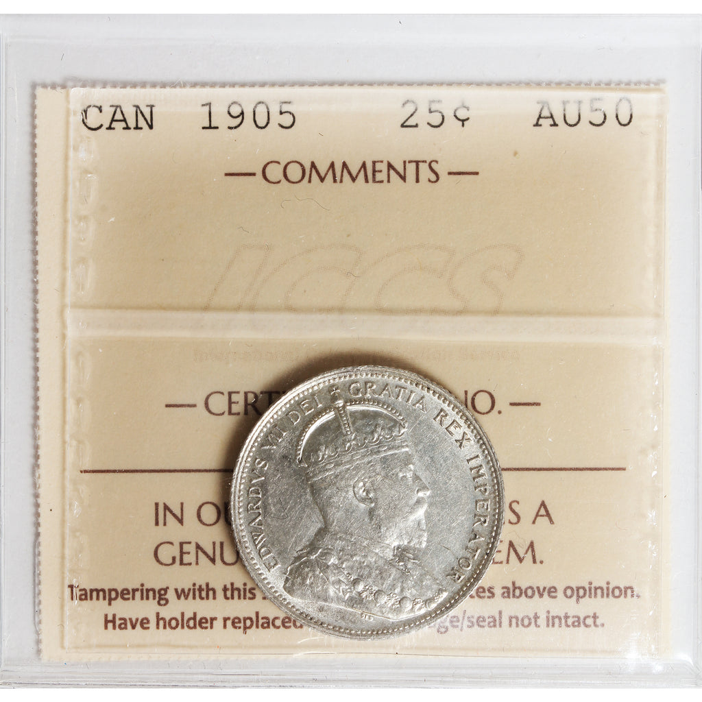 1905 Canada 25-cents ICCS Certified AU50
