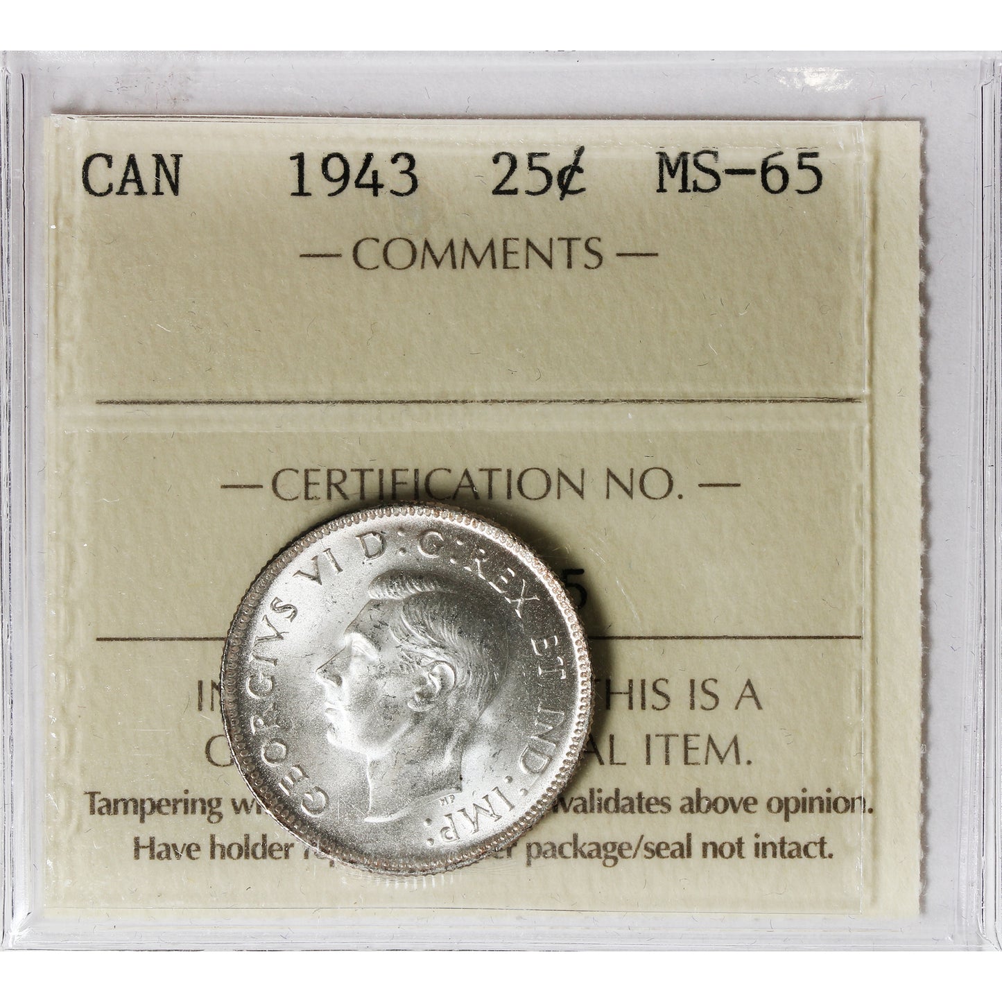 1943 Canada 25-cents ICCS Certified MS65 (XOF 775)