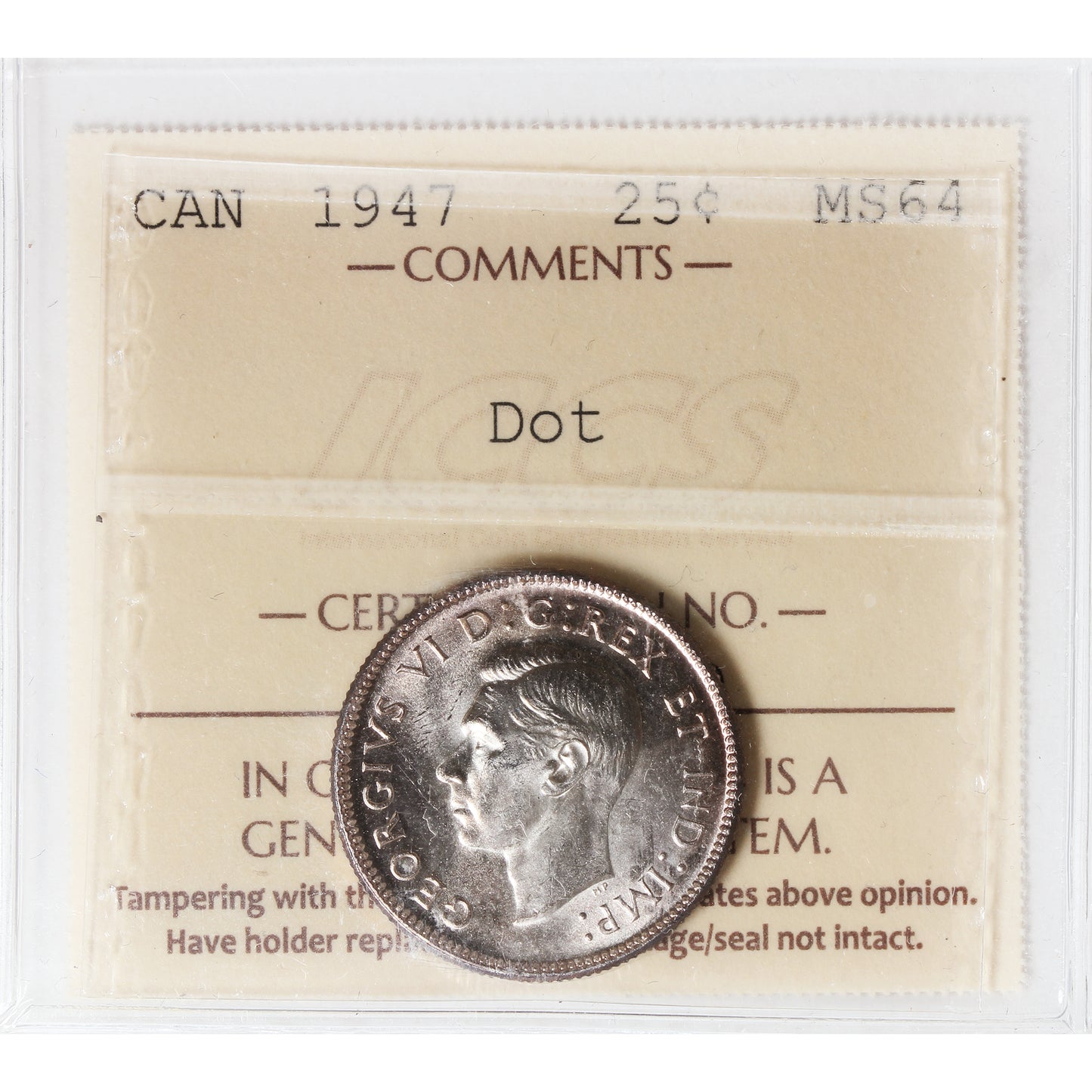 1947 Dot Canada 25-cents ICCS Certified MS64 (XEV 299)