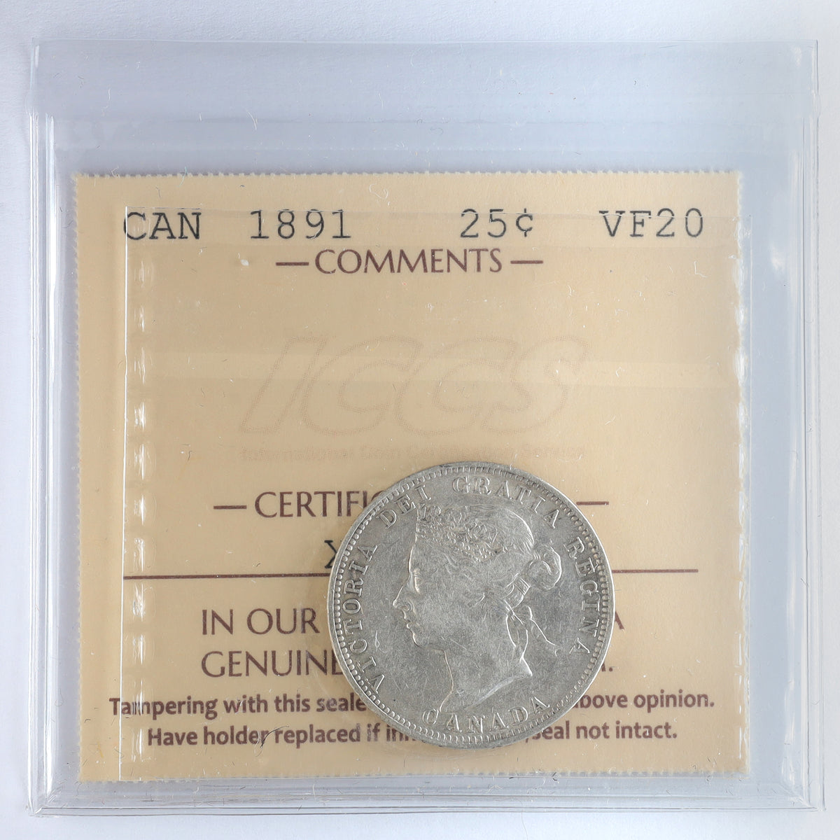 1891 Canada 25-cents ICCS Certified VF20