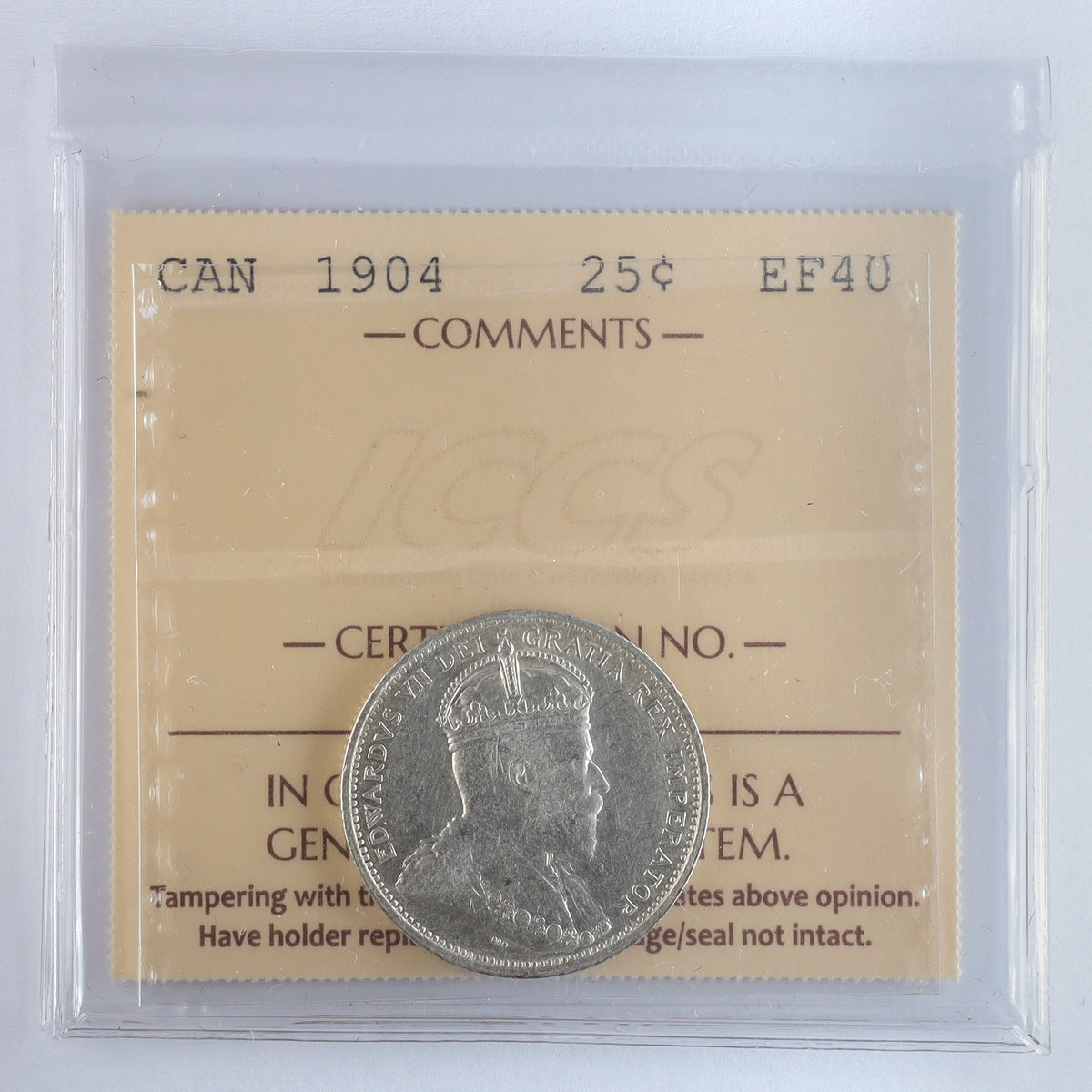1904 Canada 25-cents ICCS Certified EF40